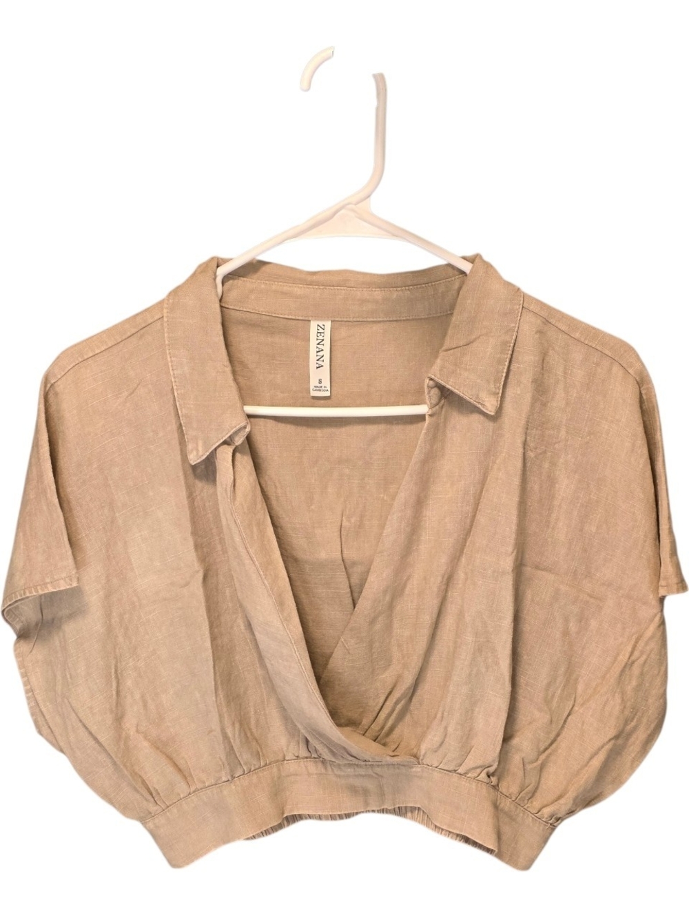 Zenana Outfitters Beige Cropped Surplice Collar Top